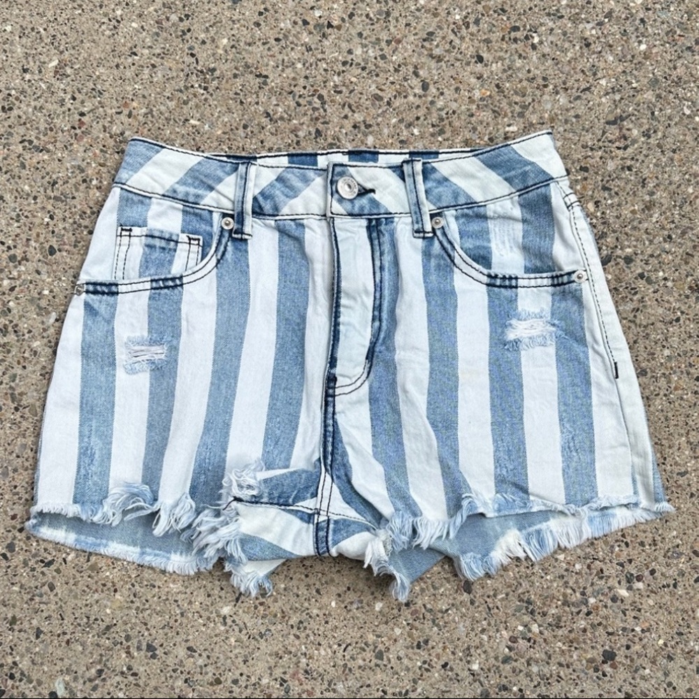 Rehash Super High Rise Wedge Vintage Reunion Blue and White Striped Jean Shorts